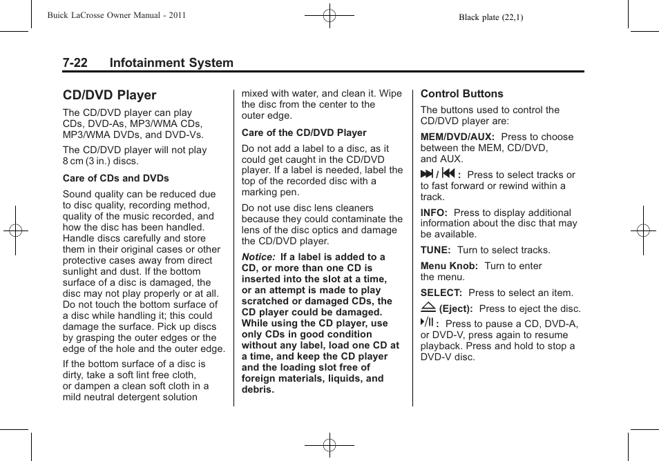 Cd/dvd player, Cd/dvd player -22 | Buick 2011 Lacrosse User Manual | Page 194 / 446