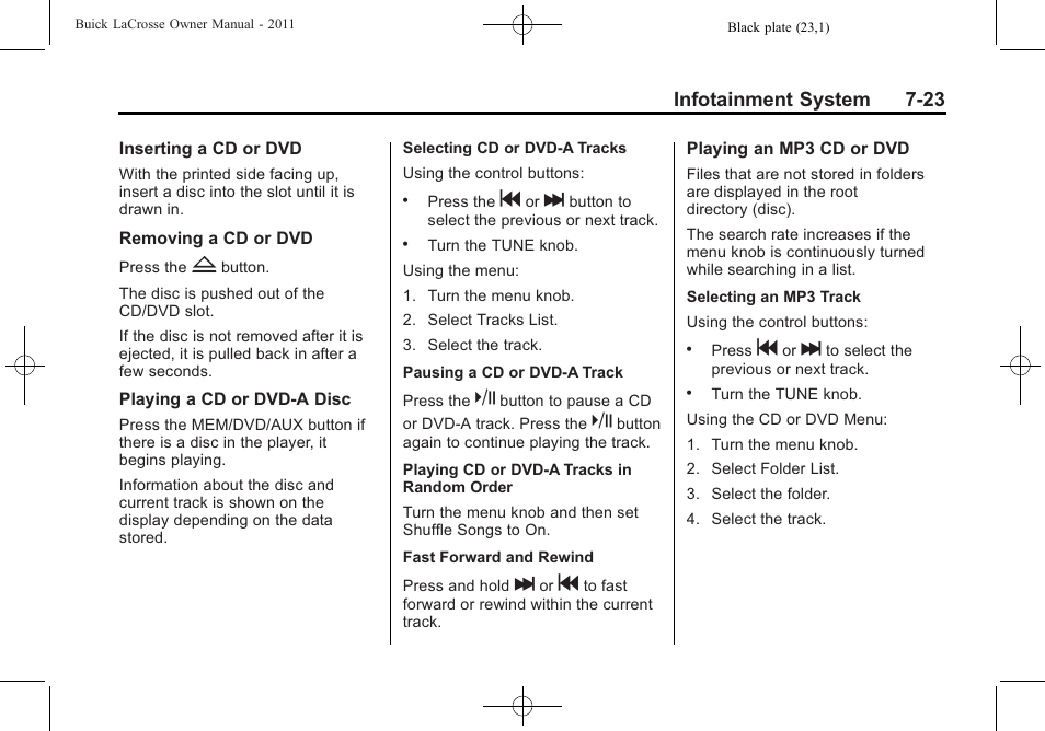 Infotainment system 7-23 | Buick 2011 Lacrosse User Manual | Page 195 / 446
