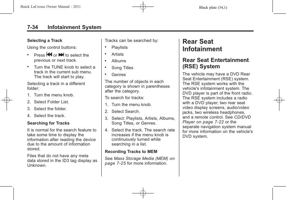Rear seat infotainment, Rear seat entertainment (rse) system, Rear seat infotainment -34 | 34 infotainment system | Buick 2011 Lacrosse User Manual | Page 206 / 446