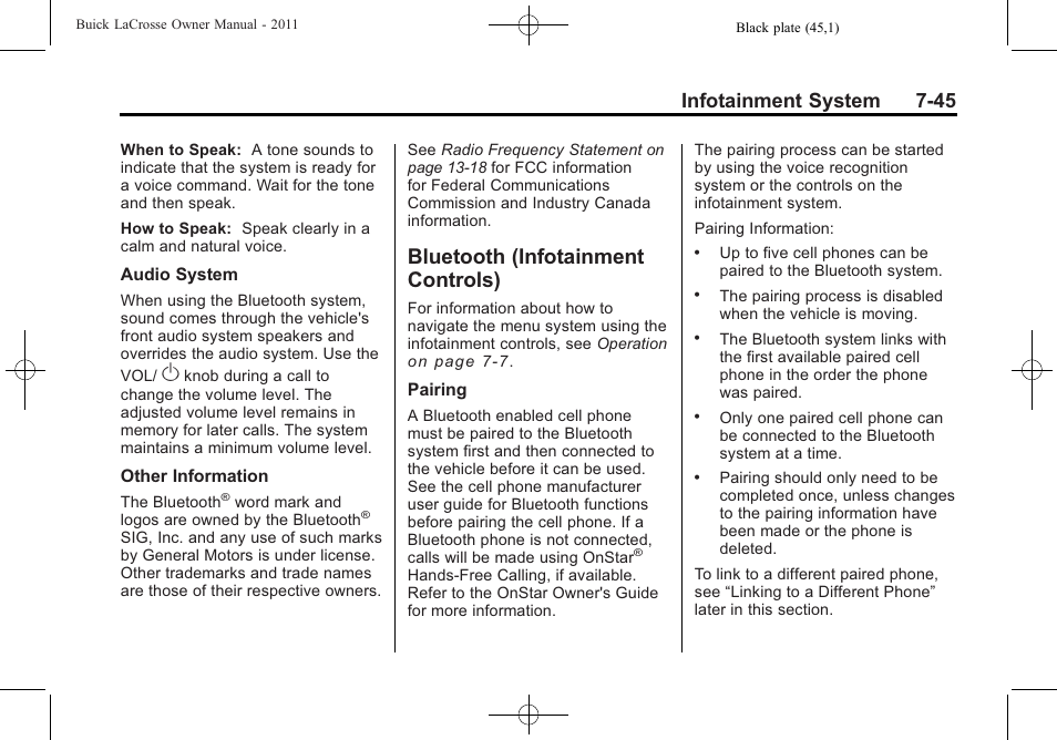 Bluetooth (infotainment controls), Bluetooth (infotainment, Controls) -45 | Infotainment system 7-45 | Buick 2011 Lacrosse User Manual | Page 217 / 446