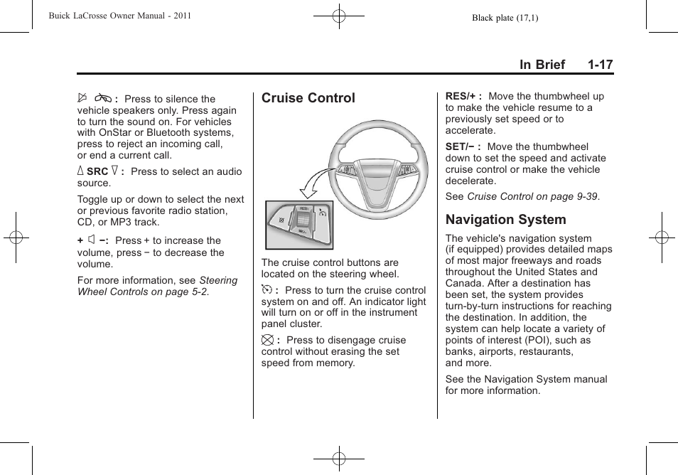 Cruise control, Navigation system, Cruise control -17 navigation system -17 | Buick 2011 Lacrosse User Manual | Page 23 / 446