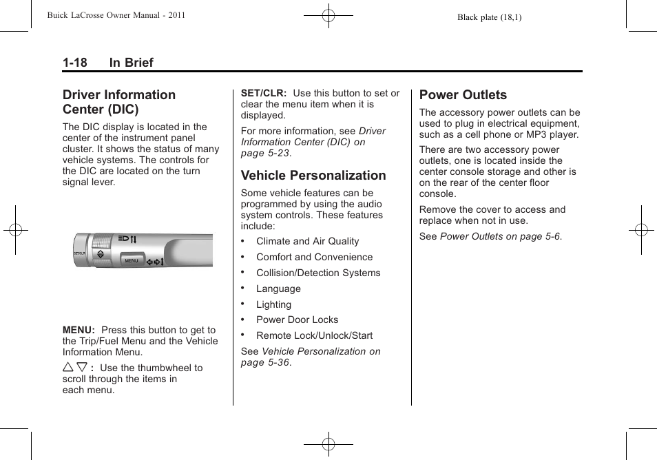 Driver information center (dic), Vehicle personalization, Power outlets | Driver information, Center (dic) -18, Vehicle personalization -18 power outlets -18, 18 in brief | Buick 2011 Lacrosse User Manual | Page 24 / 446