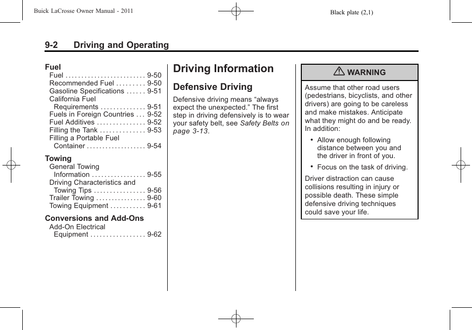 Driving information, Defensive driving, Driving information -2 | Defensive driving -2 | Buick 2011 Lacrosse User Manual | Page 240 / 446