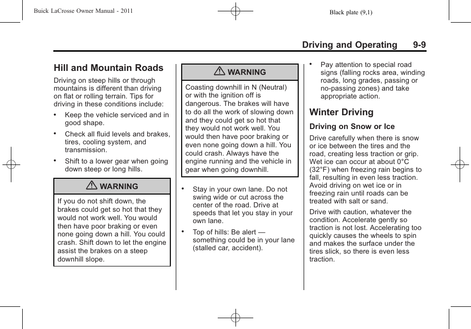 Hill and mountain roads, Winter driving, Hill and mountain roads -9 winter driving -9 | Driving and operating 9-9 | Buick 2011 Lacrosse User Manual | Page 247 / 446