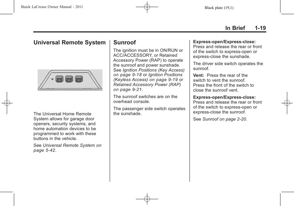 Universal remote system, Sunroof, Remote system -19 sunroof -19 | Buick 2011 Lacrosse User Manual | Page 25 / 446