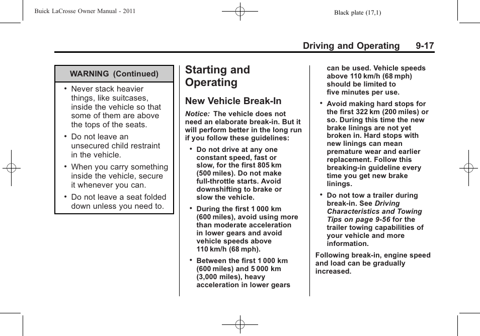 Starting and operating, New vehicle break-in, New vehicle break-in -17 | Driving and operating 9-17 | Buick 2011 Lacrosse User Manual | Page 255 / 446