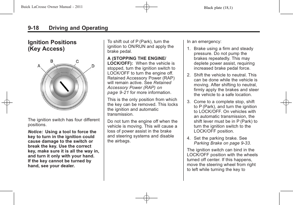 Ignition positions (key access), Ignition positions (key, Access) -18 | 18 driving and operating | Buick 2011 Lacrosse User Manual | Page 256 / 446