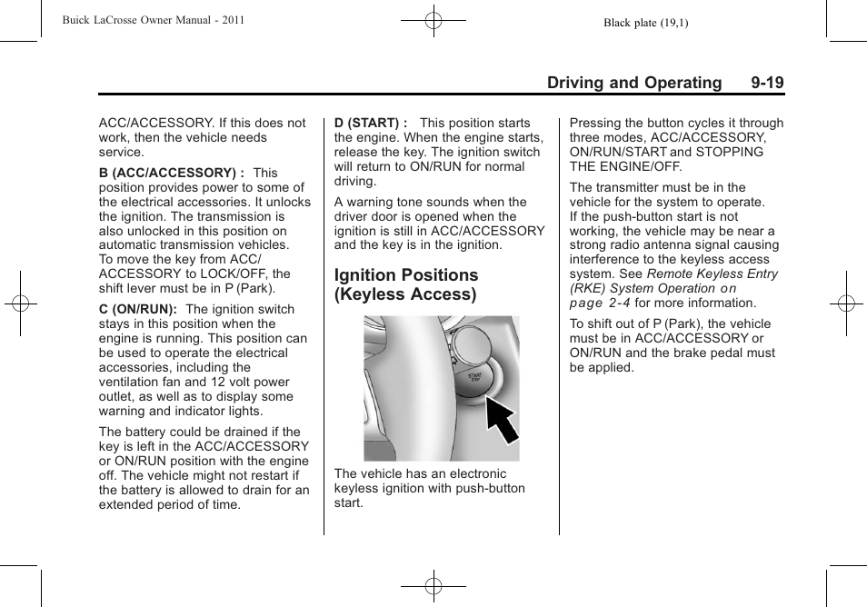 Ignition positions (keyless access), Ignition positions (keyless, Access) -19 | Buick 2011 Lacrosse User Manual | Page 257 / 446