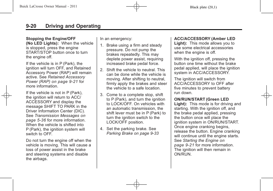 20 driving and operating | Buick 2011 Lacrosse User Manual | Page 258 / 446