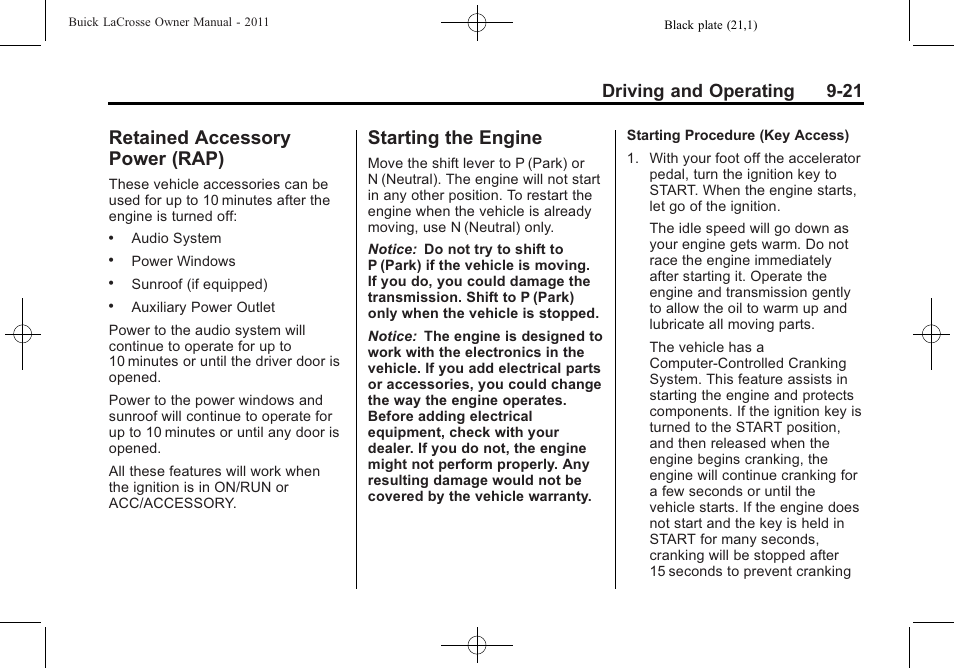 Retained accessory power (rap), Starting the engine, Retained accessory | Power (rap) -21, Starting the engine -21, Driving and operating 9-21 | Buick 2011 Lacrosse User Manual | Page 259 / 446
