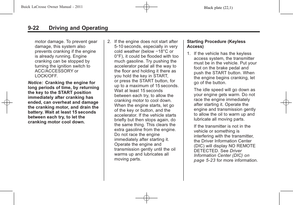 22 driving and operating | Buick 2011 Lacrosse User Manual | Page 260 / 446