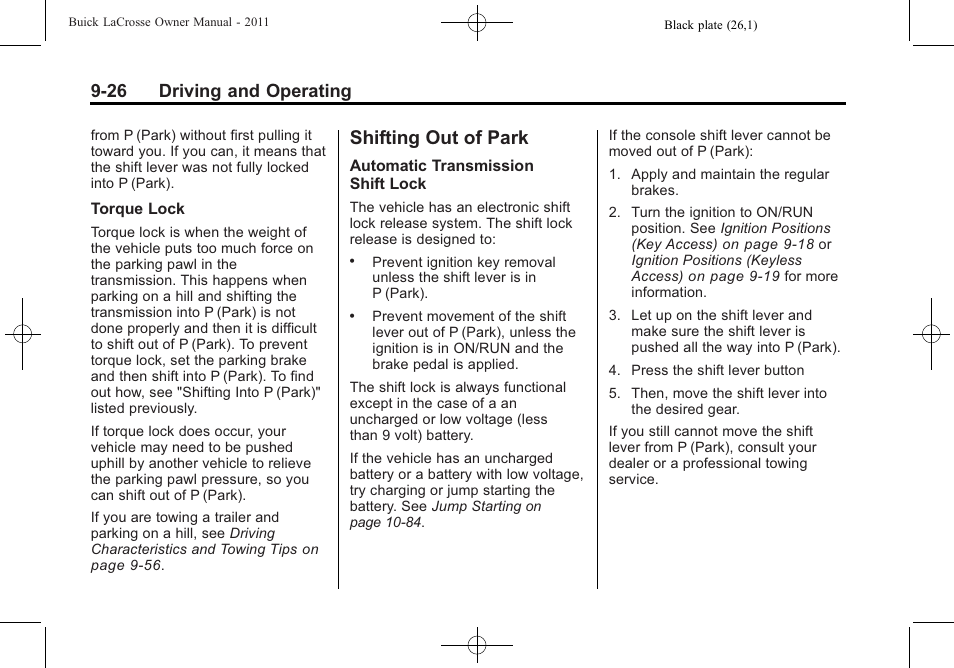 Shifting out of park, Shifting out of park -26, 26 driving and operating | Buick 2011 Lacrosse User Manual | Page 264 / 446