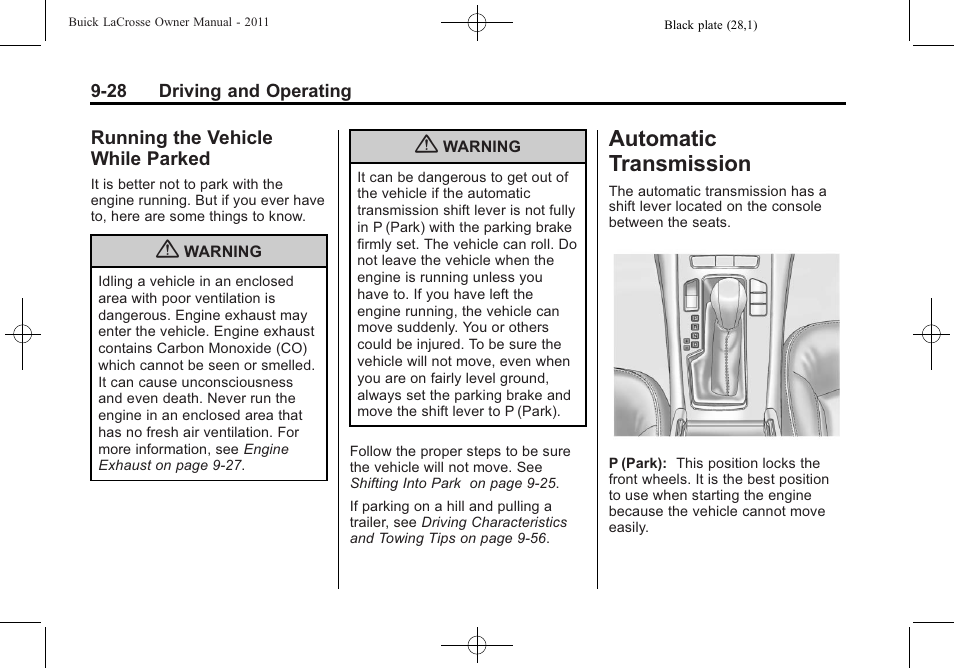 Running the vehicle while parked, Automatic transmission, Running the vehicle while | Parked -28, Automatic transmission -28 | Buick 2011 Lacrosse User Manual | Page 266 / 446