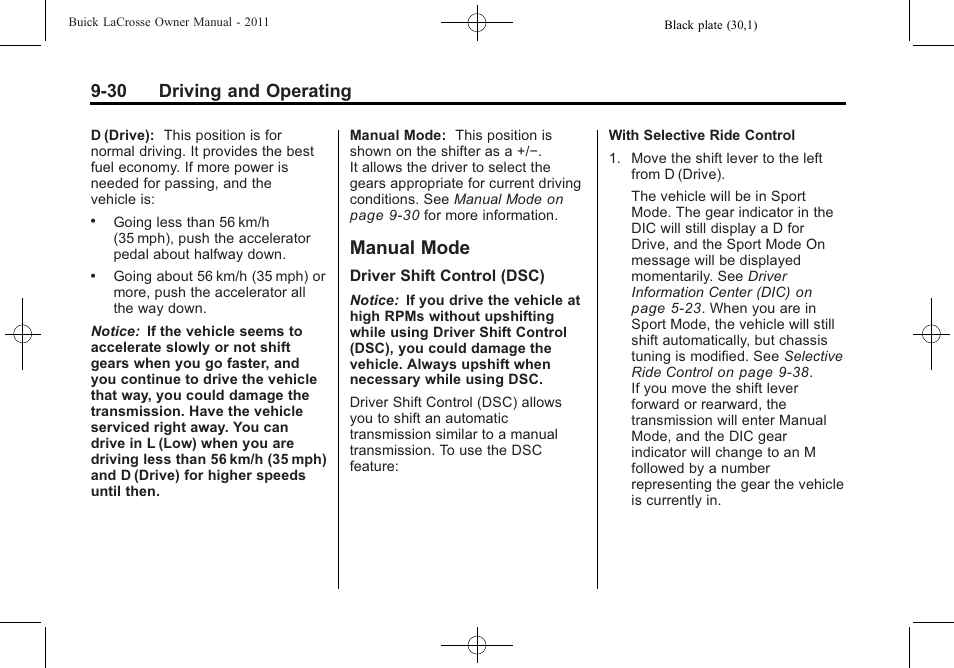 Manual mode, Manual mode -30, 30 driving and operating | Buick 2011 Lacrosse User Manual | Page 268 / 446