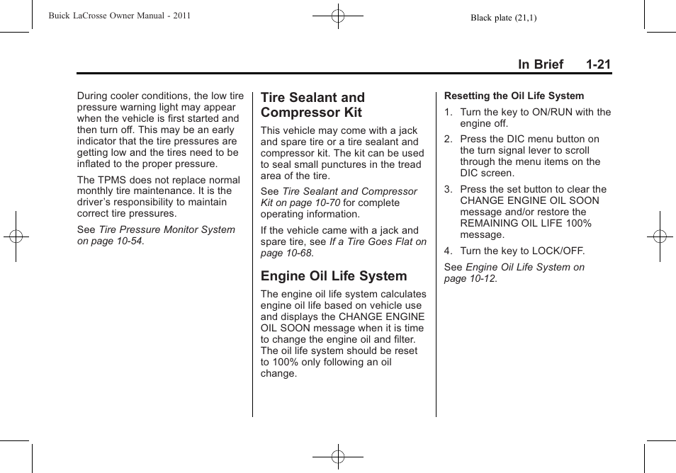 Tire sealant and compressor kit, Engine oil life system, Tire sealant and | Compressor kit -21, Engine oil life system -21 | Buick 2011 Lacrosse User Manual | Page 27 / 446