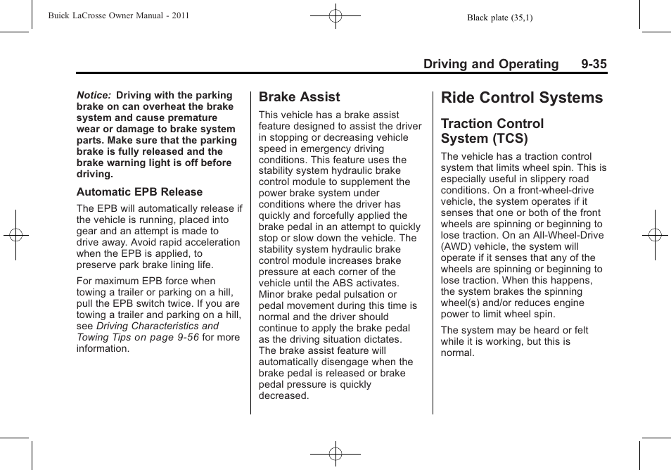 Brake assist, Ride control systems, Traction control system (tcs) | Ride control systems -35, Brake assist -35, Traction control, System (tcs) -35 | Buick 2011 Lacrosse User Manual | Page 273 / 446