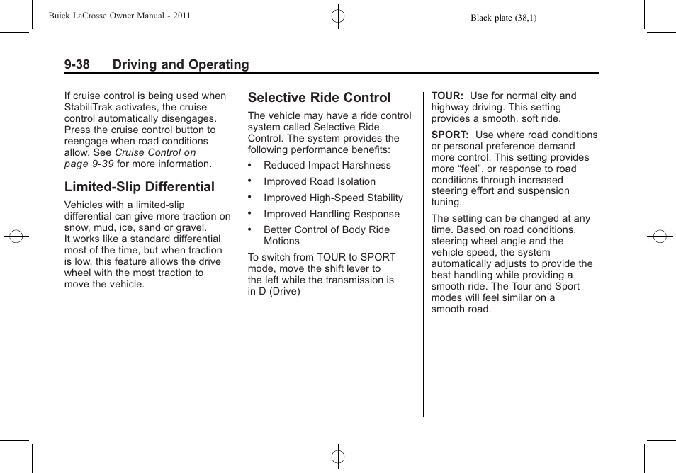 Limited-slip differential, Selective ride control, 38 driving and operating | Buick 2011 Lacrosse User Manual | Page 276 / 446