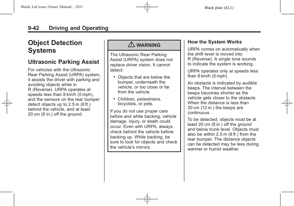 Object detection systems, Ultrasonic parking assist, Object detection systems -42 | Ultrasonic parking assist -42 | Buick 2011 Lacrosse User Manual | Page 280 / 446