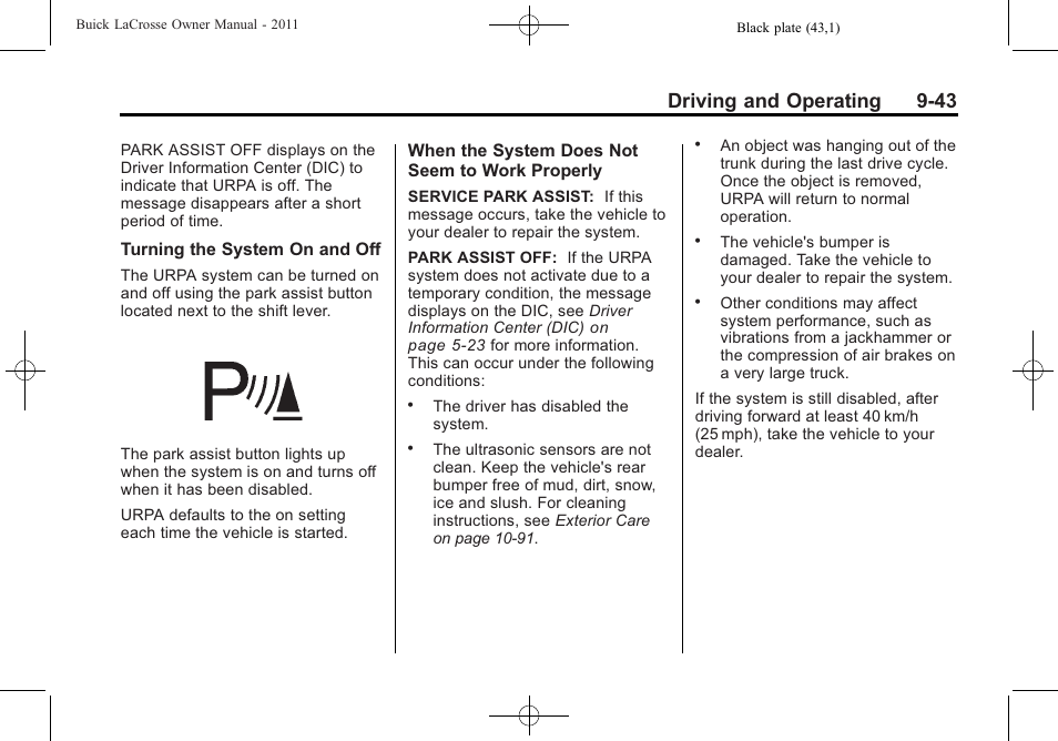 Driving and operating 9-43 | Buick 2011 Lacrosse User Manual | Page 281 / 446