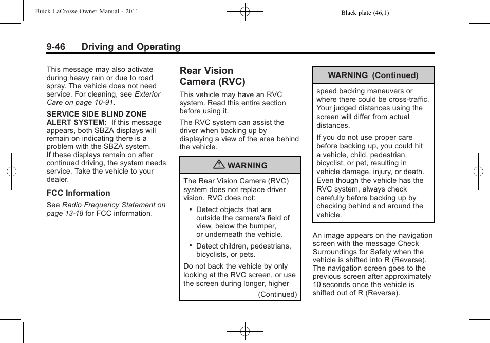 Rear vision camera (rvc), Rear vision, Camera (rvc) -46 | 46 driving and operating | Buick 2011 Lacrosse User Manual | Page 284 / 446