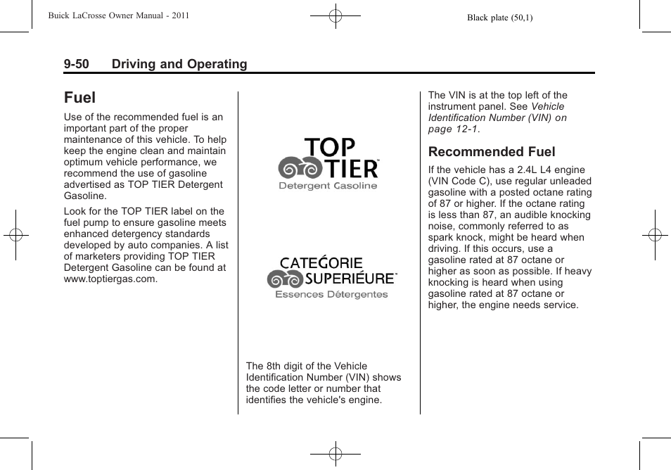 Fuel, Recommended fuel, Fuel -50 | Fuel -50 recommended fuel -50 | Buick 2011 Lacrosse User Manual | Page 288 / 446