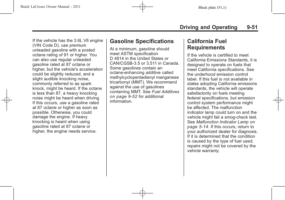 Gasoline specifications, California fuel requirements, Gasoline specifications -51 california fuel | Requirements -51 | Buick 2011 Lacrosse User Manual | Page 289 / 446