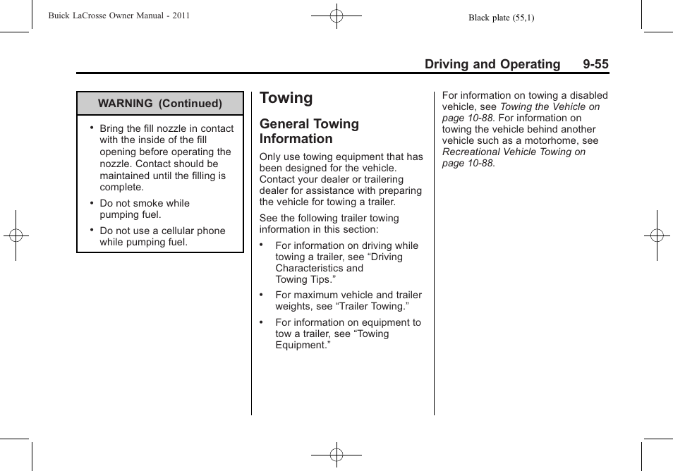 Towing, General towing information, General towing | Information -55, Driving and operating 9-55 | Buick 2011 Lacrosse User Manual | Page 293 / 446