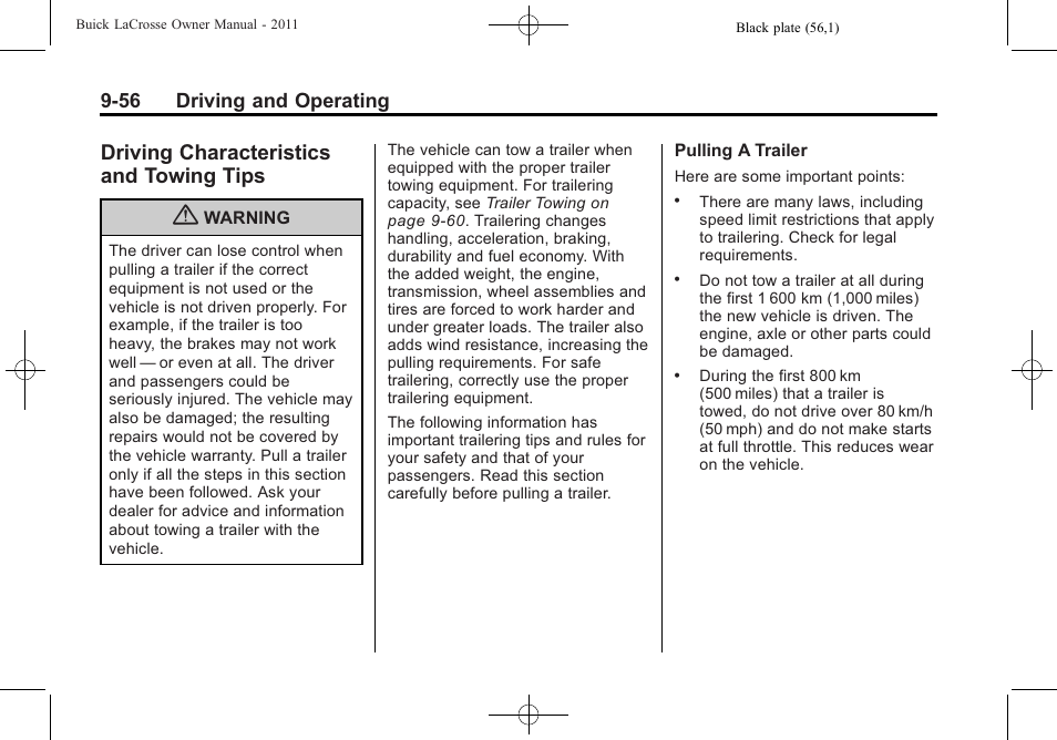 Driving characteristics and towing tips, Driving characteristics and, Towing tips -56 | 56 driving and operating | Buick 2011 Lacrosse User Manual | Page 294 / 446