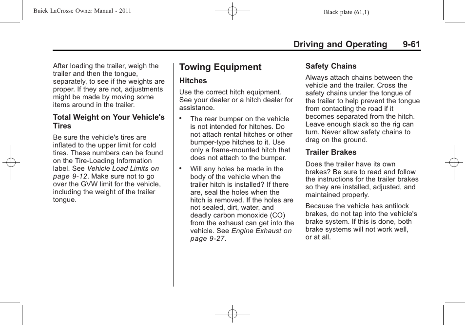 Towing equipment, Towing equipment -61, Driving and operating 9-61 | Buick 2011 Lacrosse User Manual | Page 299 / 446