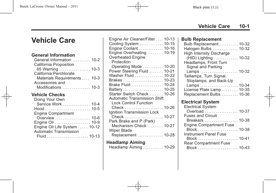Vehicle care, Vehicle care -1, Vehicle care 10-1 | Buick 2011 Lacrosse User Manual | Page 301 / 446