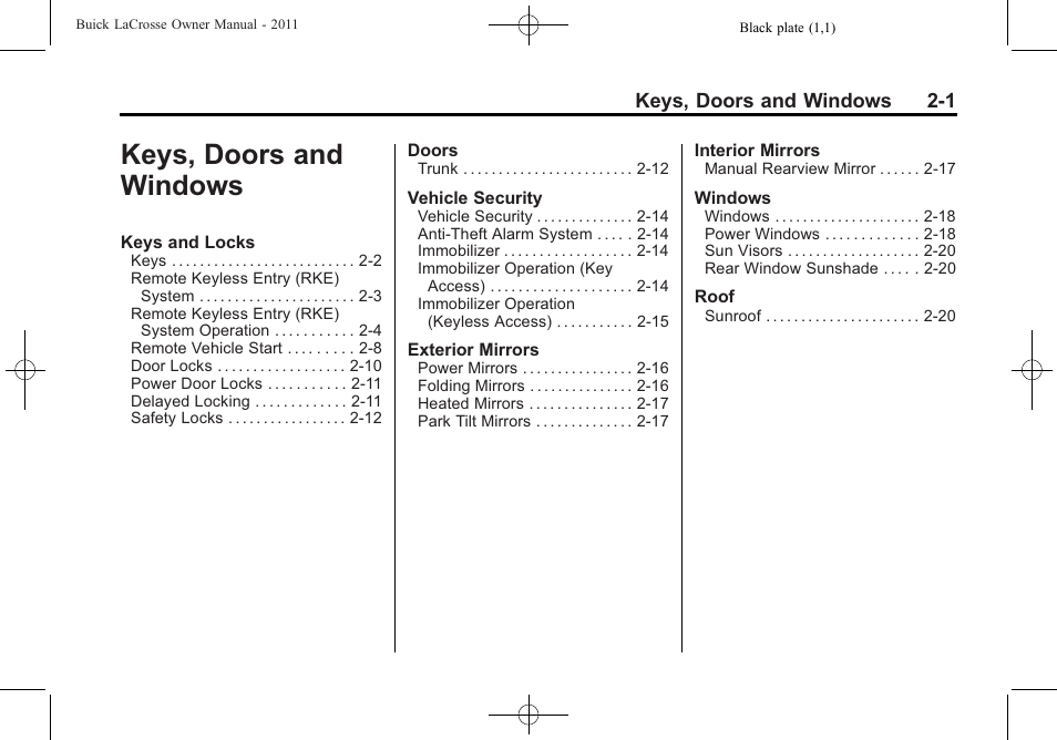 Keys, doors and windows, Keys, doors and windows -1 | Buick 2011 Lacrosse User Manual | Page 31 / 446