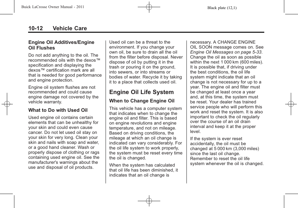 Engine oil life system, Engine oil life system -12 | Buick 2011 Lacrosse User Manual | Page 312 / 446