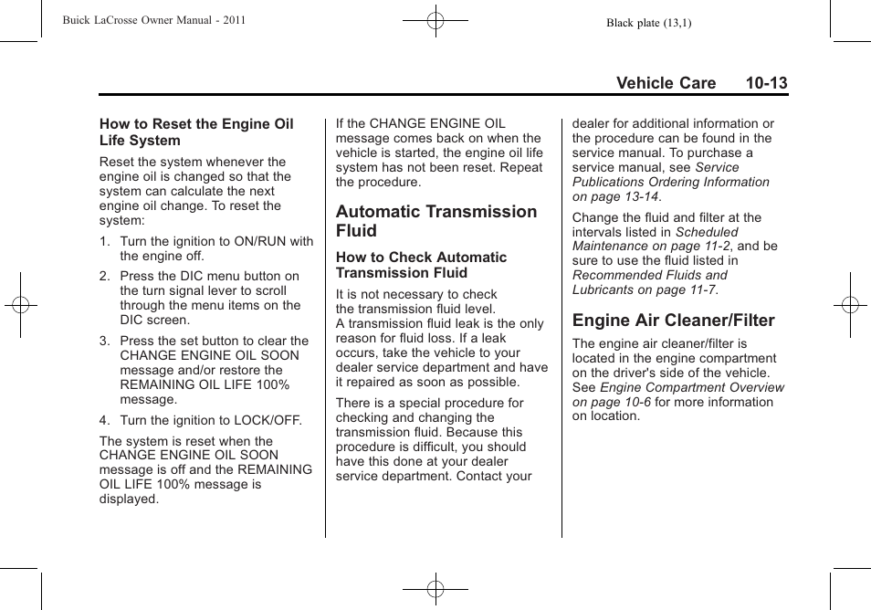 Automatic transmission fluid, Engine air cleaner/filter, Automatic transmission | Fluid -13, Engine air cleaner/filter -13, Bulb, Engine air cleaner/filter on | Buick 2011 Lacrosse User Manual | Page 313 / 446
