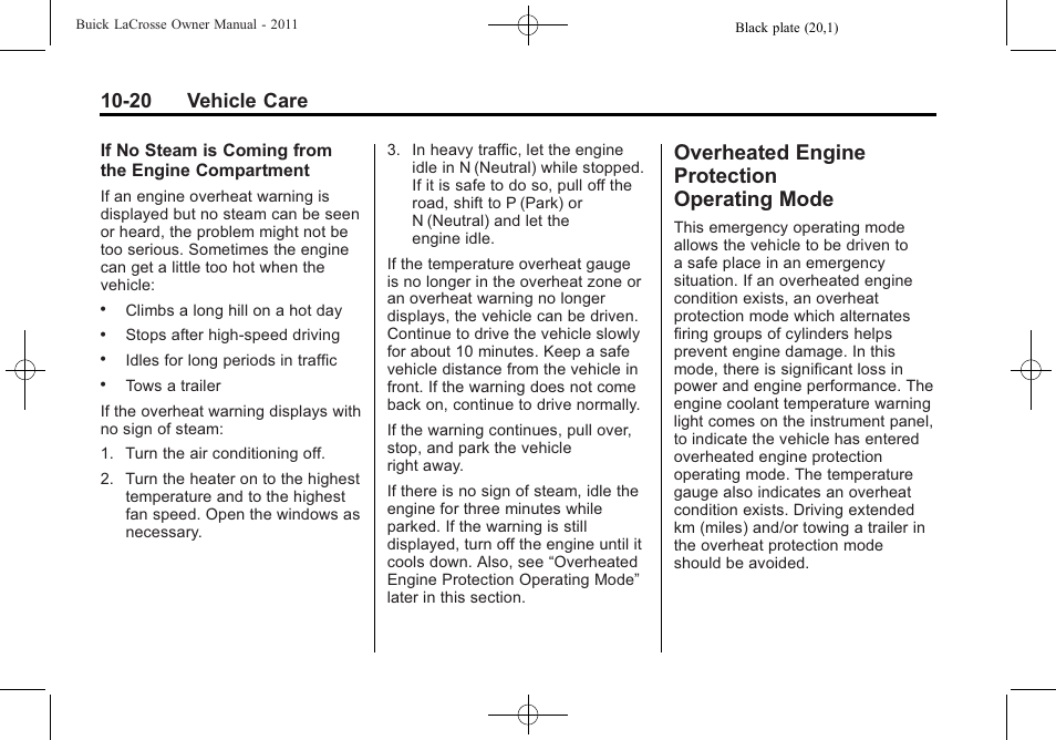 Overheated engine protection operating mode, Overheated engine, Protection operating mode -20 | 20 vehicle care | Buick 2011 Lacrosse User Manual | Page 320 / 446