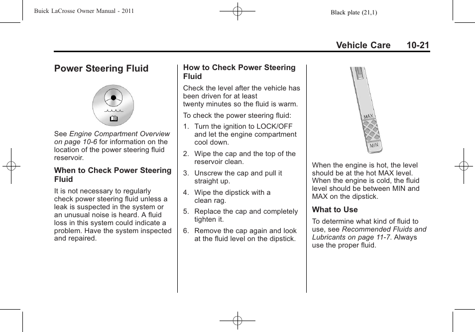 Power steering fluid, Power steering fluid -21, Lamps | Vehicle care 10-21 | Buick 2011 Lacrosse User Manual | Page 321 / 446