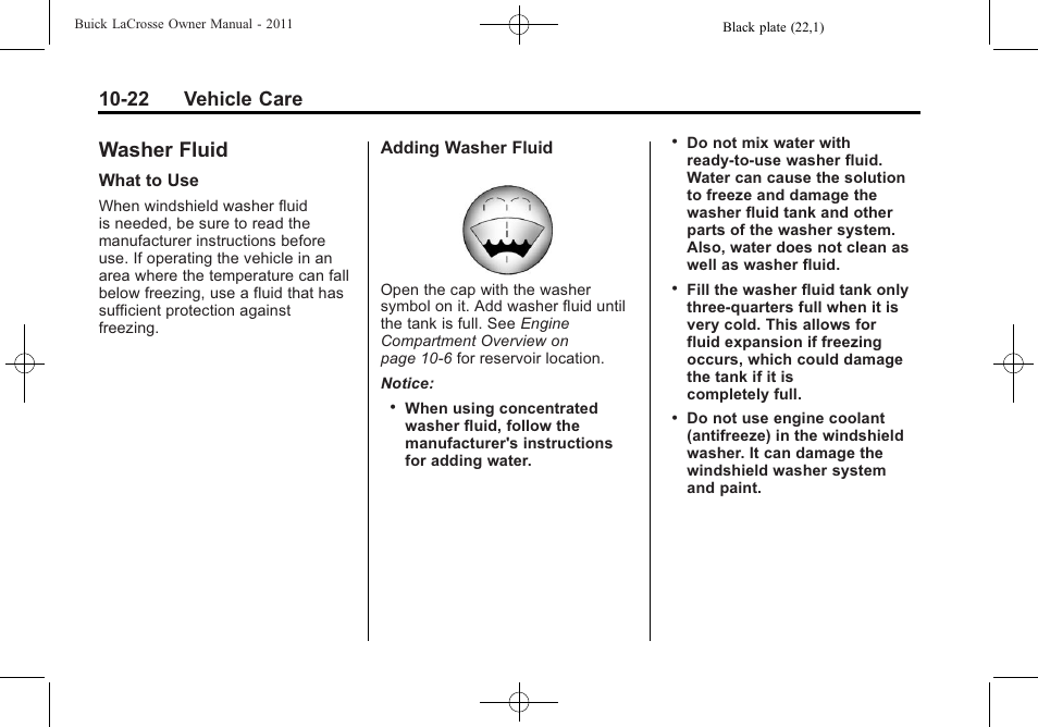 Washer fluid, Washer fluid -22, 22 vehicle care | Buick 2011 Lacrosse User Manual | Page 322 / 446