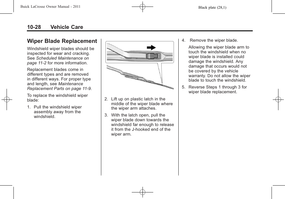Wiper blade replacement, Wiper blade, Replacement -28 | 28 vehicle care | Buick 2011 Lacrosse User Manual | Page 328 / 446