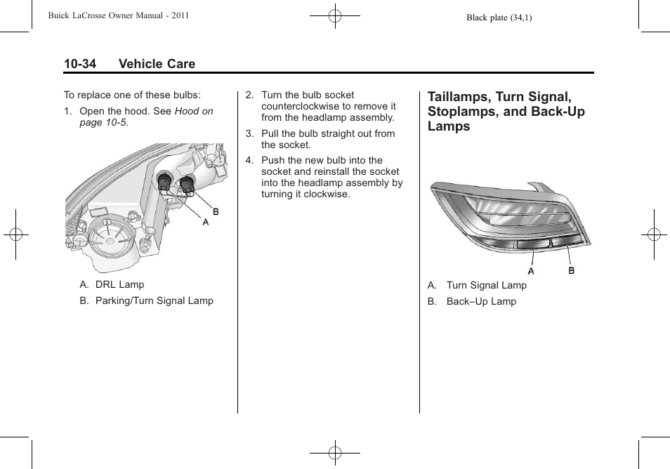 Aillamps, turn signal, And back-up lamps -34, 34 vehicle care | Buick 2011 Lacrosse User Manual | Page 334 / 446