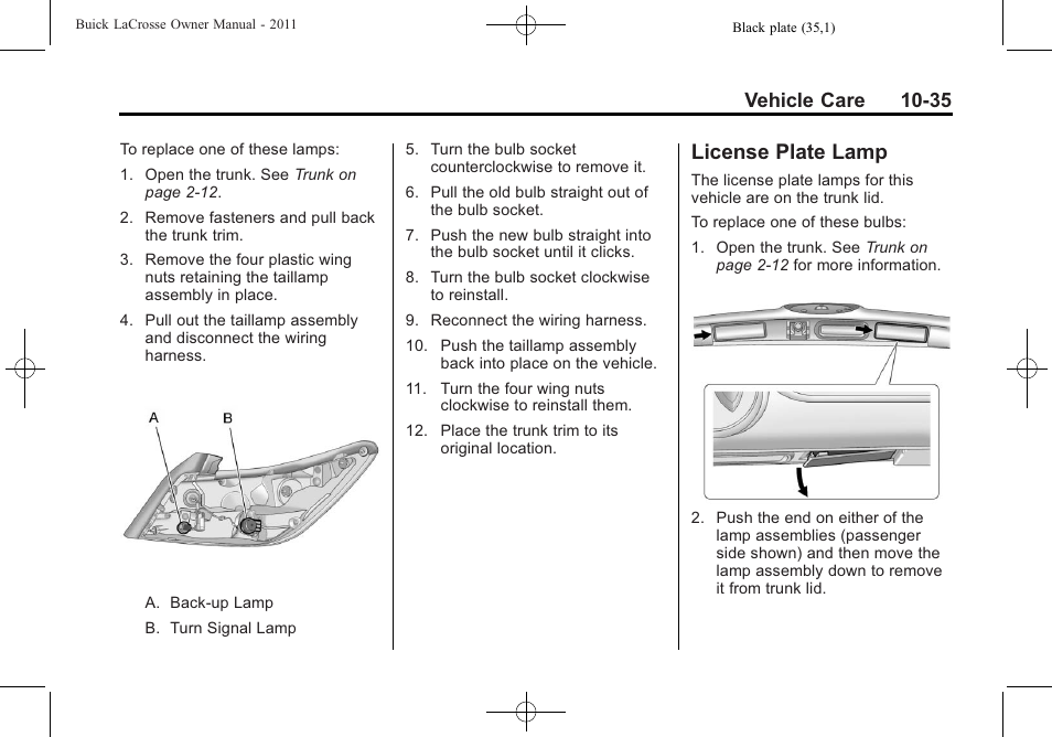 License plate lamp, License plate lamp -35, Vehicle care 10-35 | Buick 2011 Lacrosse User Manual | Page 335 / 446