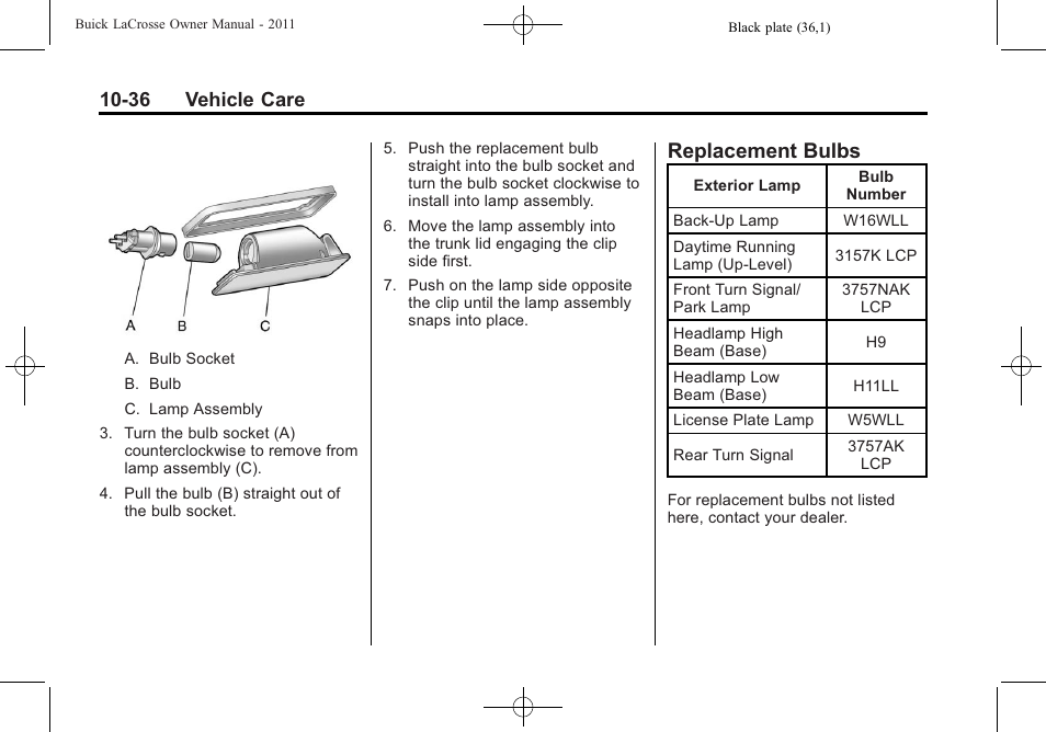 Replacement bulbs, Replacement bulbs -36, 36 vehicle care | Buick 2011 Lacrosse User Manual | Page 336 / 446