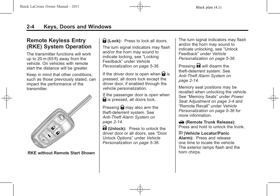 Remote keyless entry (rke) system operation, Remote keyless entry (rke), System operation -4 | Buick 2011 Lacrosse User Manual | Page 34 / 446