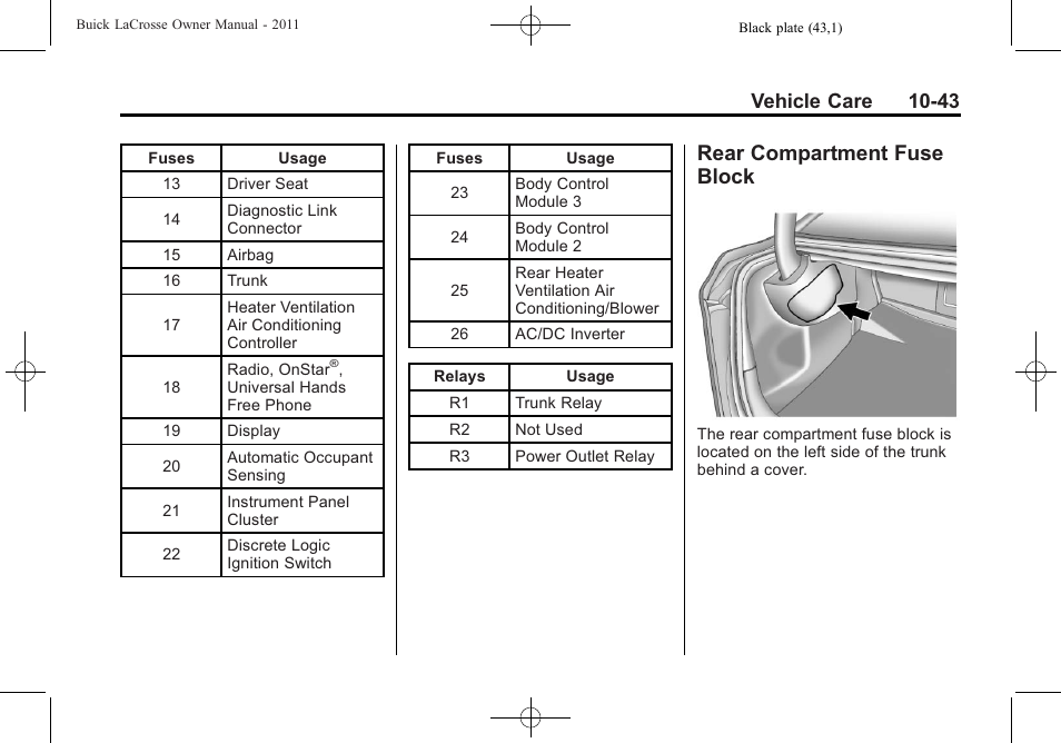 Rear compartment fuse block, Rear compartment fuse, Block -43 | Vehicle care 10-43 | Buick 2011 Lacrosse User Manual | Page 343 / 446