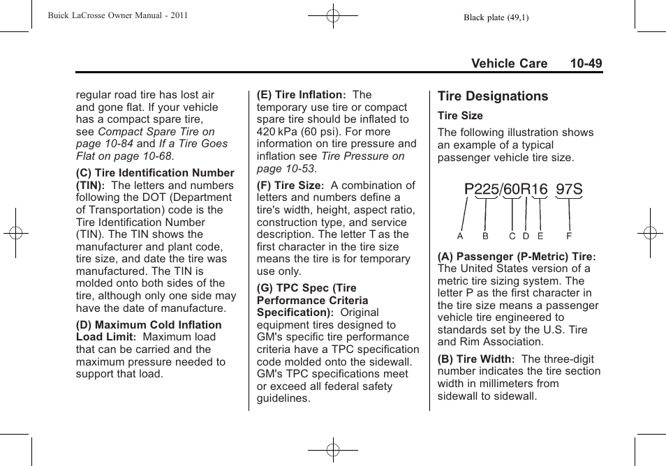 Tire designations, Tire designations -49 | Buick 2011 Lacrosse User Manual | Page 349 / 446
