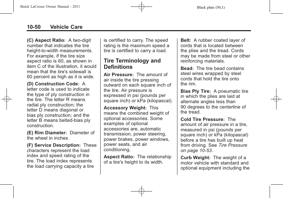 Tire terminology and definitions, Tire terminology and, Definitions -50 | Buick 2011 Lacrosse User Manual | Page 350 / 446