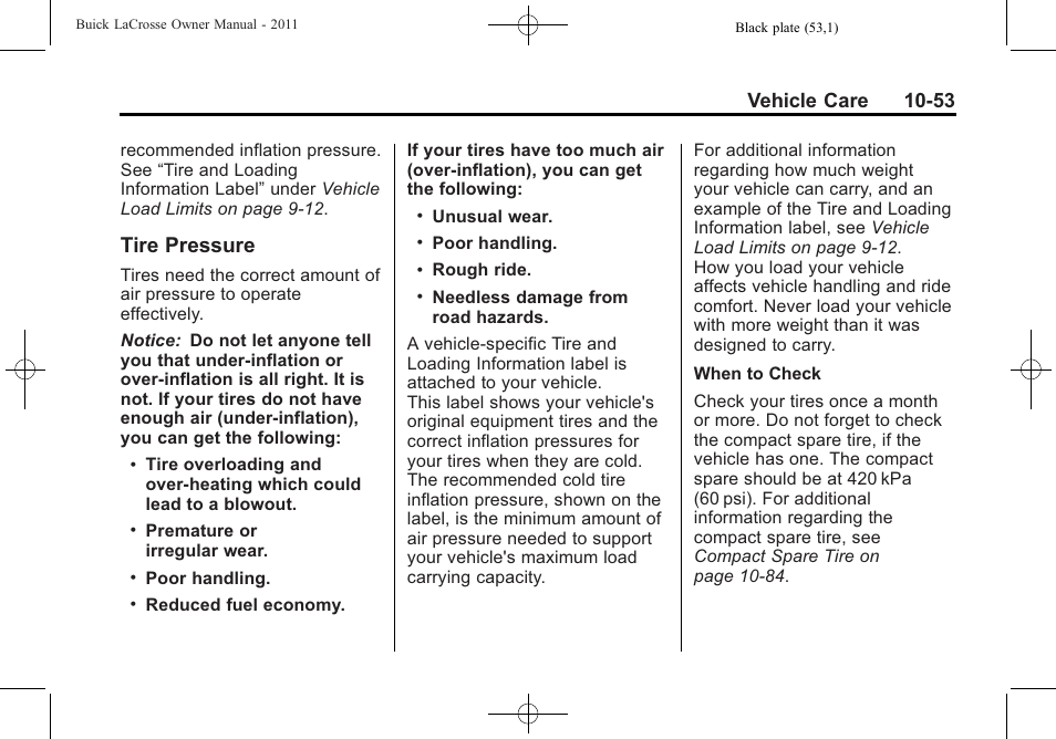 Tire pressure, Tire pressure -53, Vehicle care 10-53 | Buick 2011 Lacrosse User Manual | Page 353 / 446