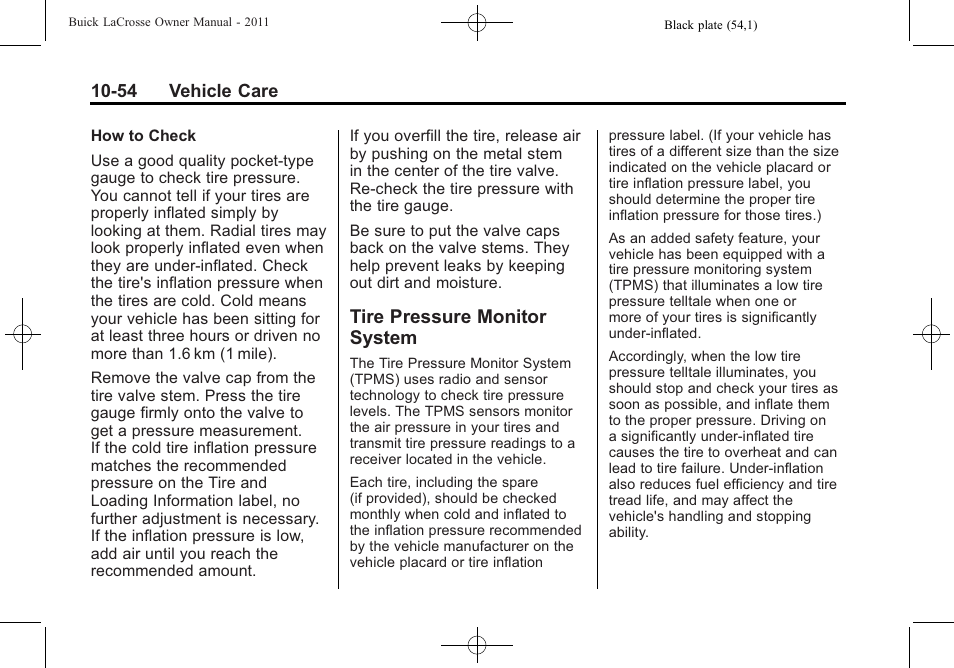 Tire pressure monitor system, Tire pressure monitor, System -54 | Buick 2011 Lacrosse User Manual | Page 354 / 446