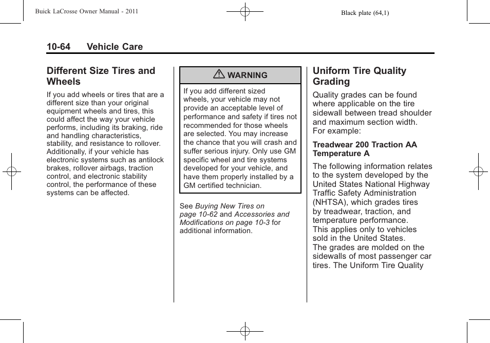 Different size tires and wheels, Uniform tire quality grading, Different size tires and | Wheels -64, Uniform tire quality, Grading -64, Floor | Buick 2011 Lacrosse User Manual | Page 364 / 446