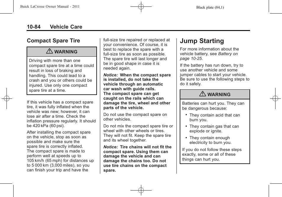 Compact spare tire, Jump starting, Jump starting -84 | Compact spare tire -84, Starting -84 | Buick 2011 Lacrosse User Manual | Page 384 / 446