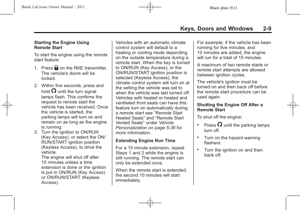 Keys, doors and windows 2-9 | Buick 2011 Lacrosse User Manual | Page 39 / 446