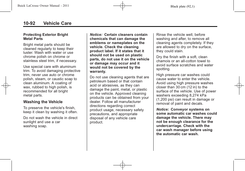 92 vehicle care | Buick 2011 Lacrosse User Manual | Page 392 / 446